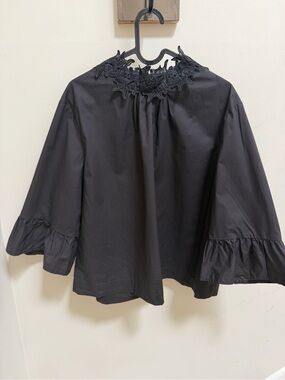 Nichii Black Lace Neck Bell Sleeve Blouse XXL NWT Elegant Poplin Top